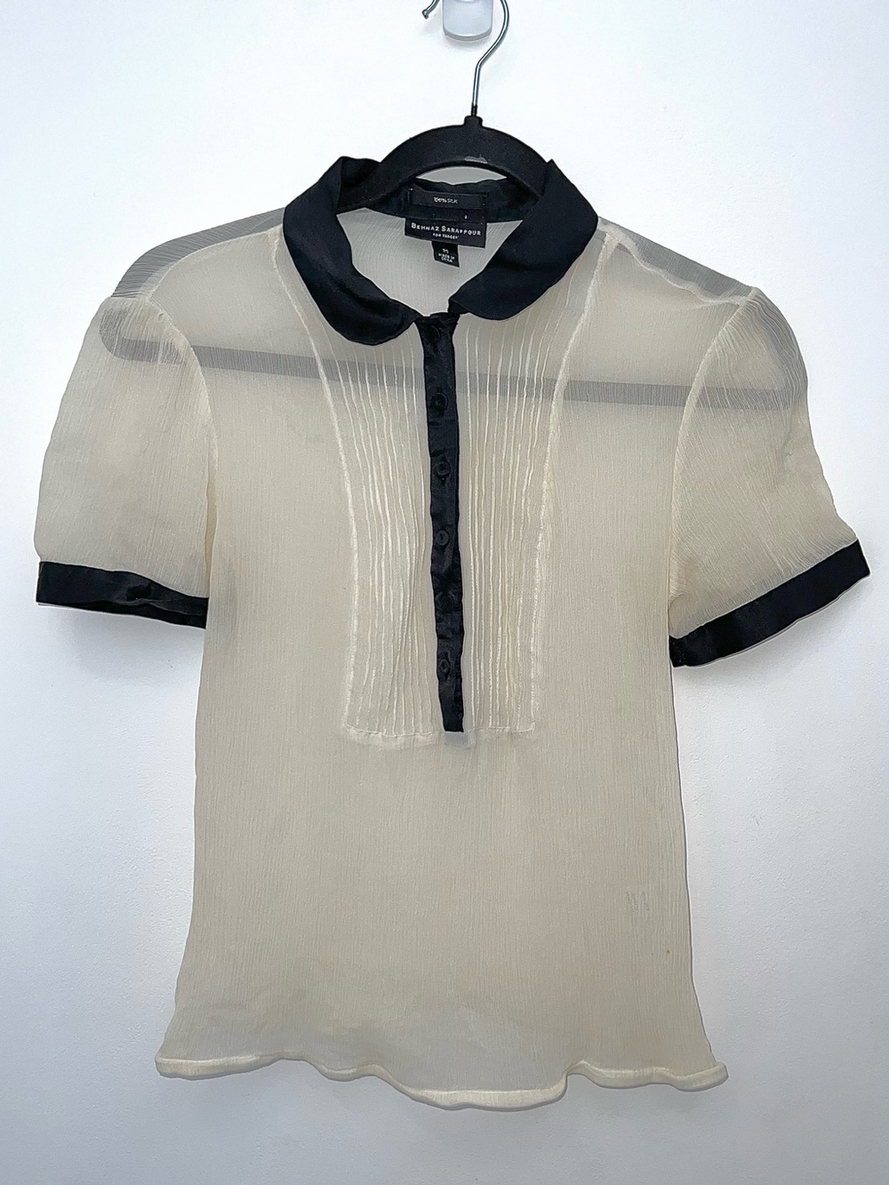 BEHNAZ SARAFPOUR 100% Silk Button Down School Girl Top Blouse Cream Ivory Small